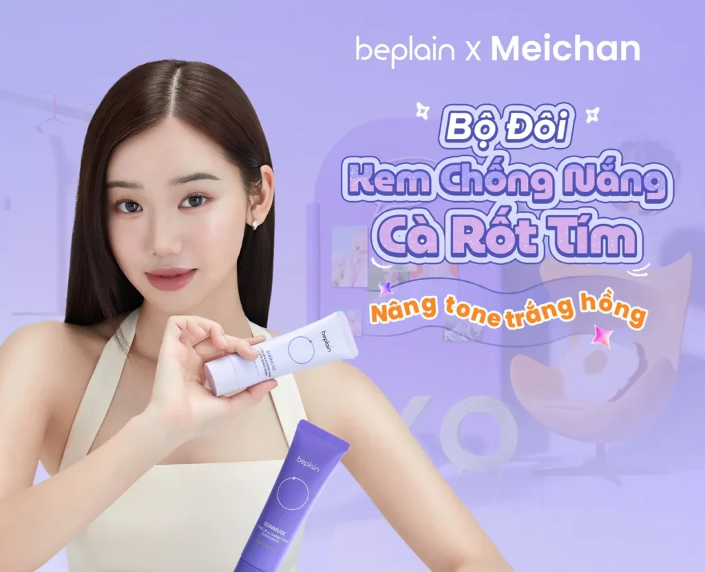Bộ đôi kem chống nắng cà rốt tím BEPLAIN Sunmuse với sắc tím hiệu chỉnh da xỉn vàng