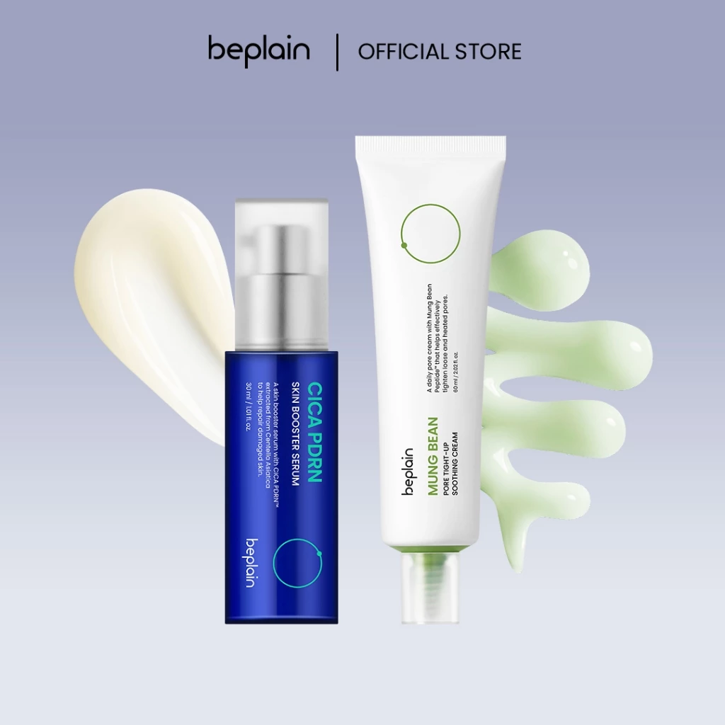 BEPLAIN Cica PDRN Skin Booster Serum & Mung Bean Pore Tight-Up Soothing Cream hình ảnh thực tế